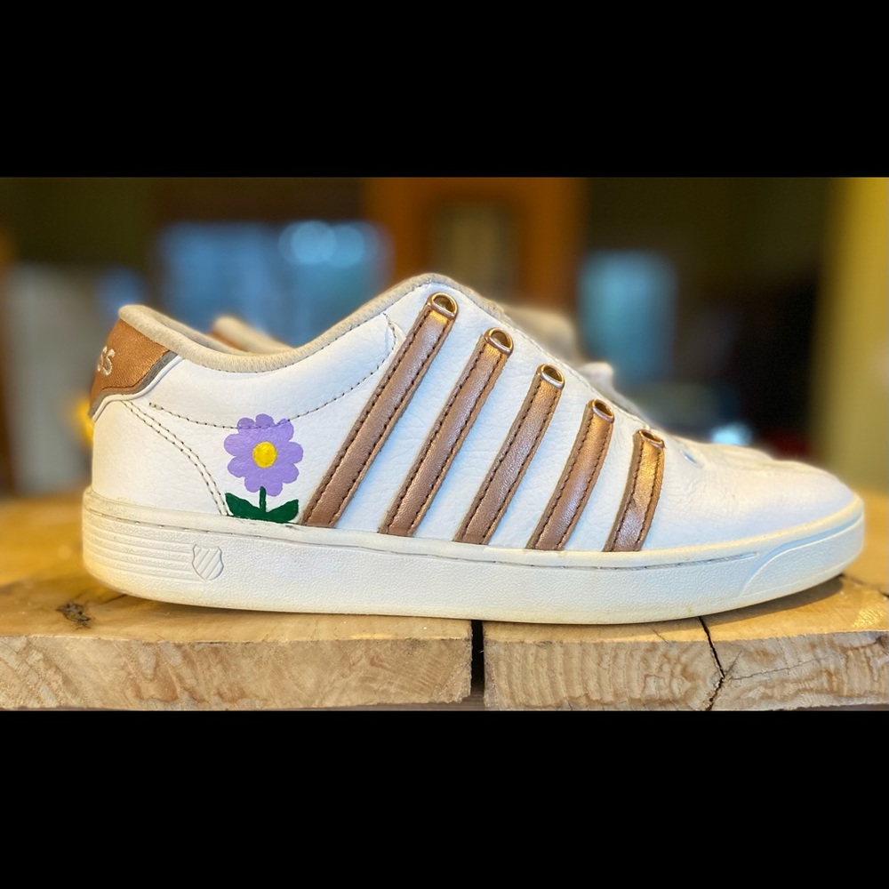Custom painted pair of K-Swiss Bronze striped Sneakers.